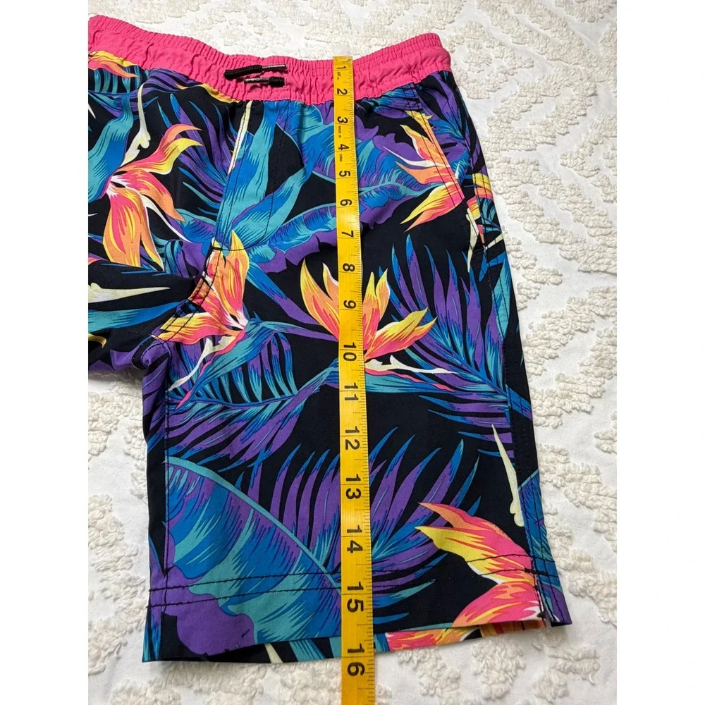 Blue Crown Tropical Bird of Paradise Swim Trunks Pink Black M Kids Beach Surf - Picture 9 of 14